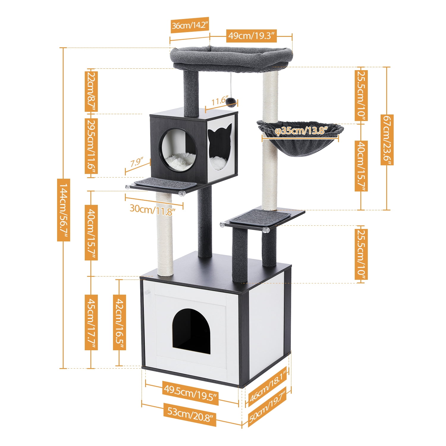 Pefilos 56" Modern Wood Cat Tree for Indoor with Litter Box Enclosure and Cat Condo, Large Cat Tree Tower, Black