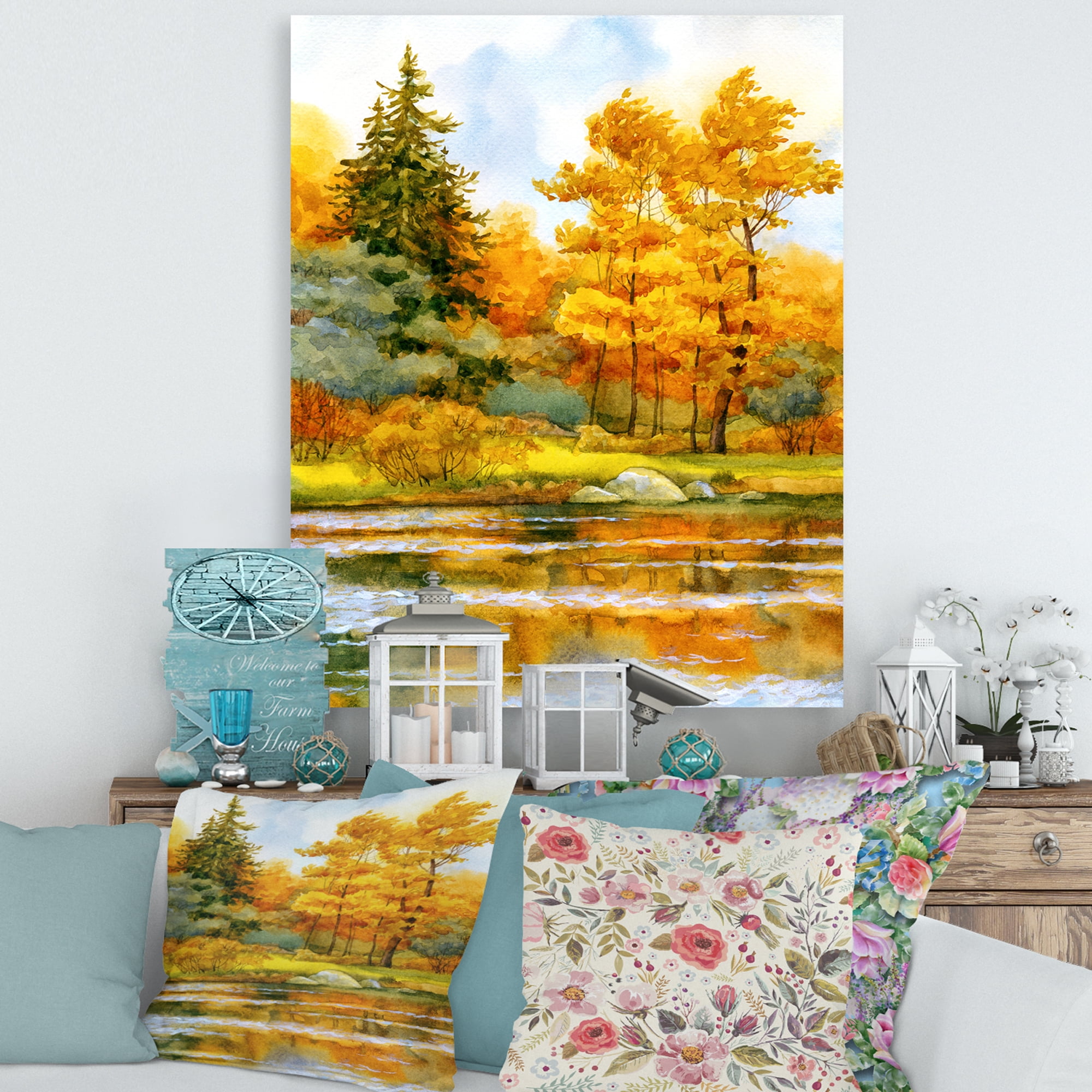 Designart ' Autumn Forest By The Lake Side II ' Lake House Canvas Wall Art Print
