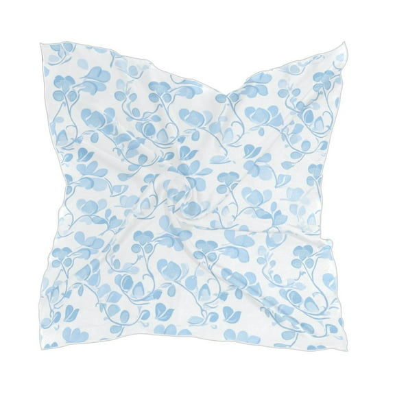 Delicate Blue Blooms 23.62x23.62in Square Scarf Silk like Fabric Single Sided Print with 10 Hair Clips