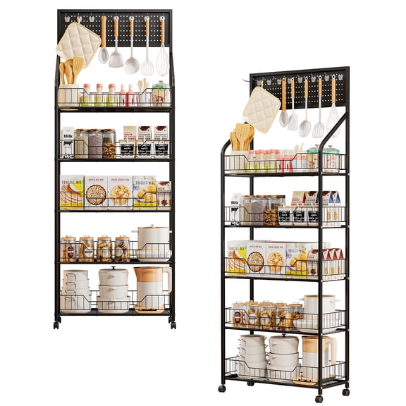 4/5 Tier Retail Snack Display Rack, Black Metal Candy Storage Shelf Cart with Wheels & 15 Hooks, Heavy-Duty Potato Chip Organizer Stand for Supermarket, Grocery, Store, Home