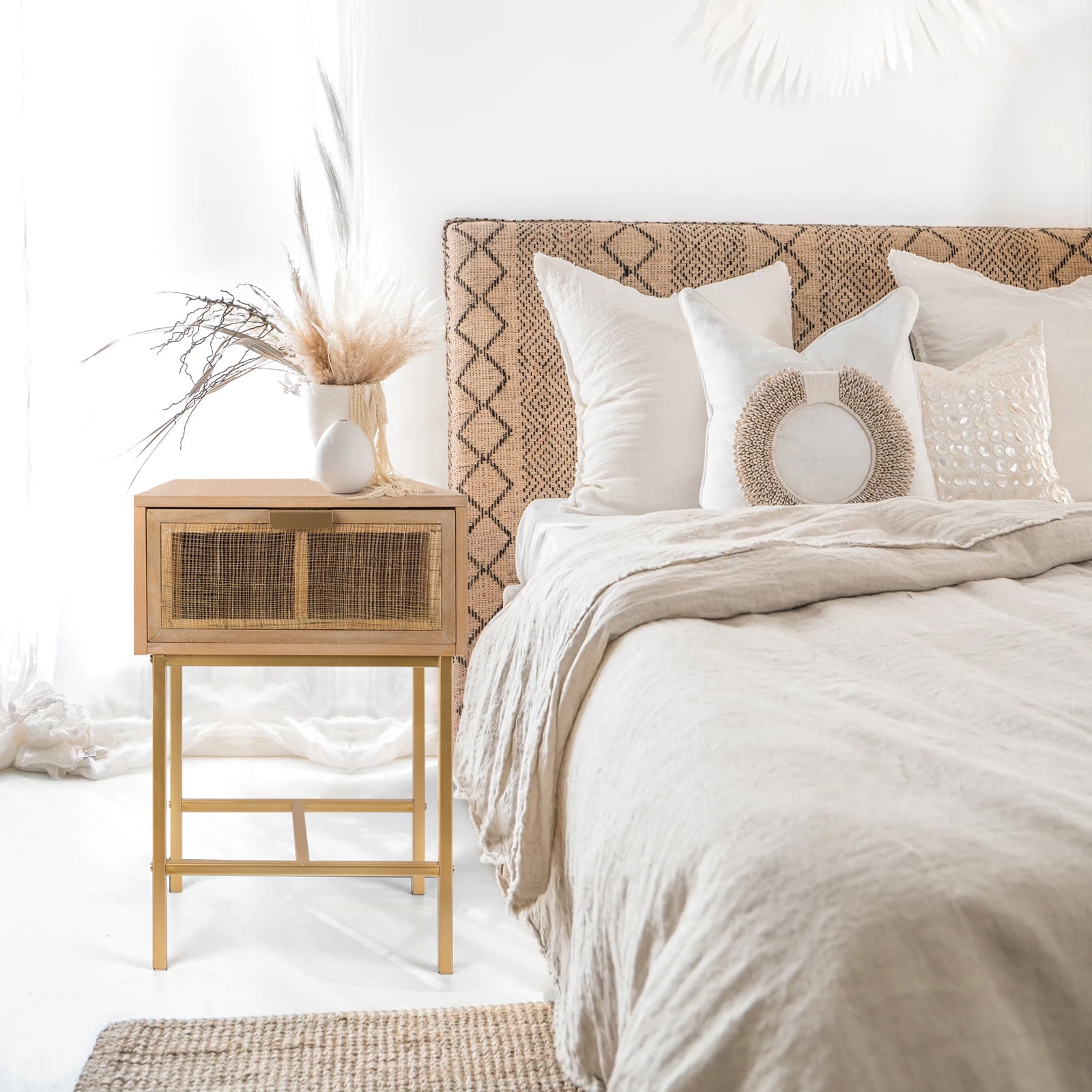 Boho Nightstand With Drawer, Wood Nightstand For Bedroom With Rustic