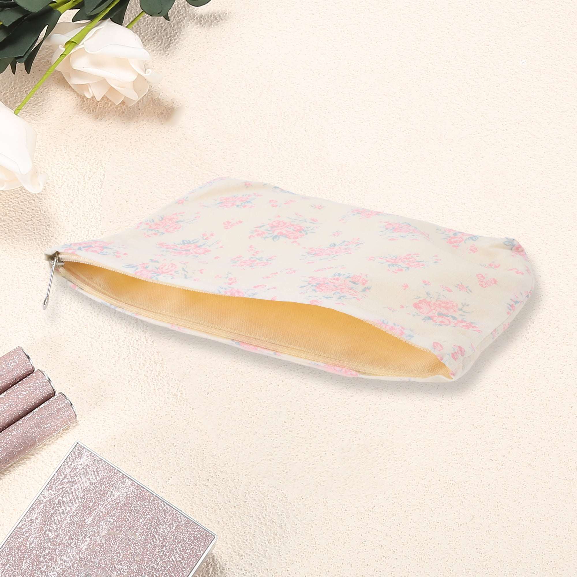 Unique Bargains 1Pc Women Portable Cotton Floral Clutch Storage Makeup Bag Light Pink