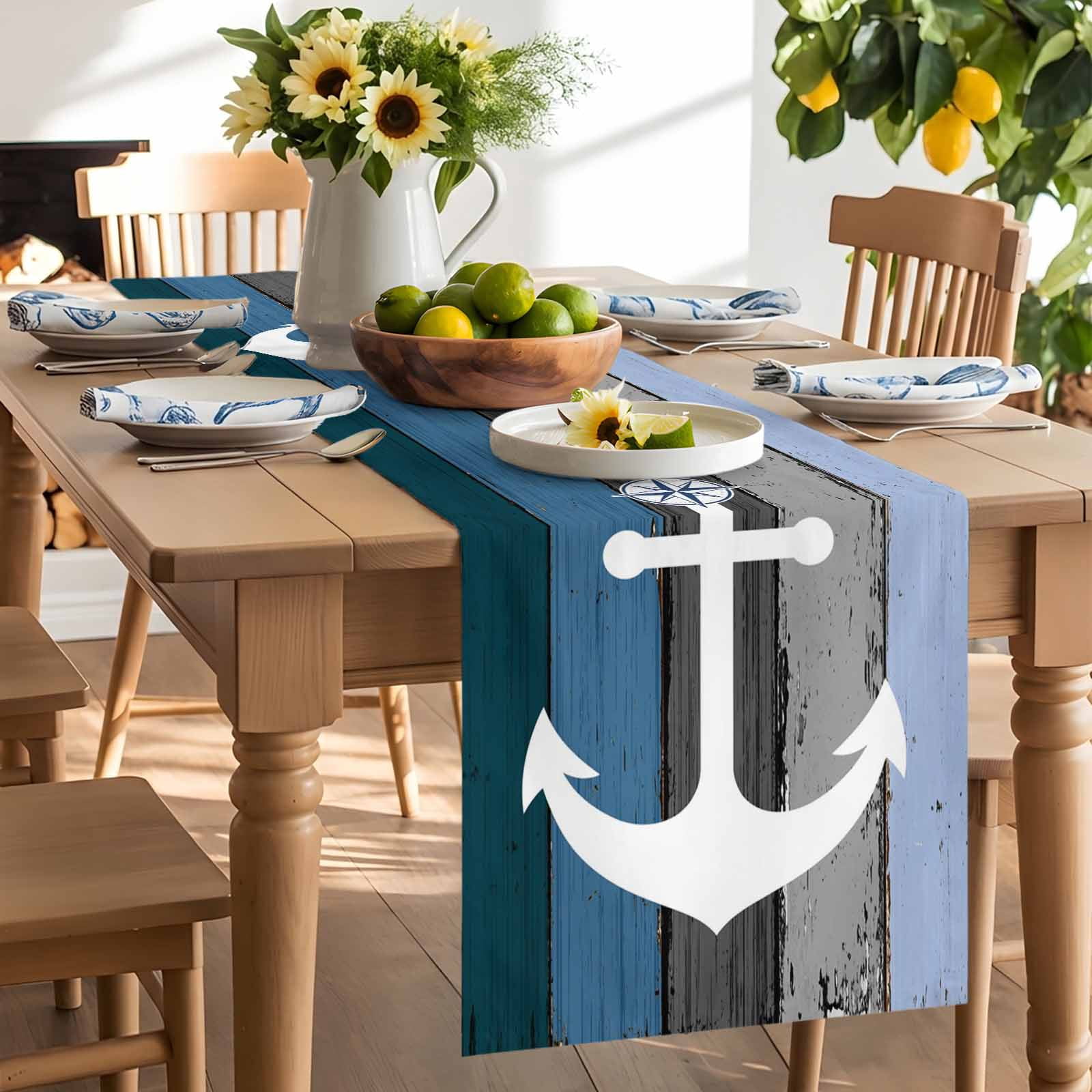 Nautical Anchor Ocean Theme Table Runner 90 Inches Long, Farm Blue Wood Board Table Runners Tabletop Scarf Kitchen Dining Tables Decoration for Home Party Indoor Outdoor