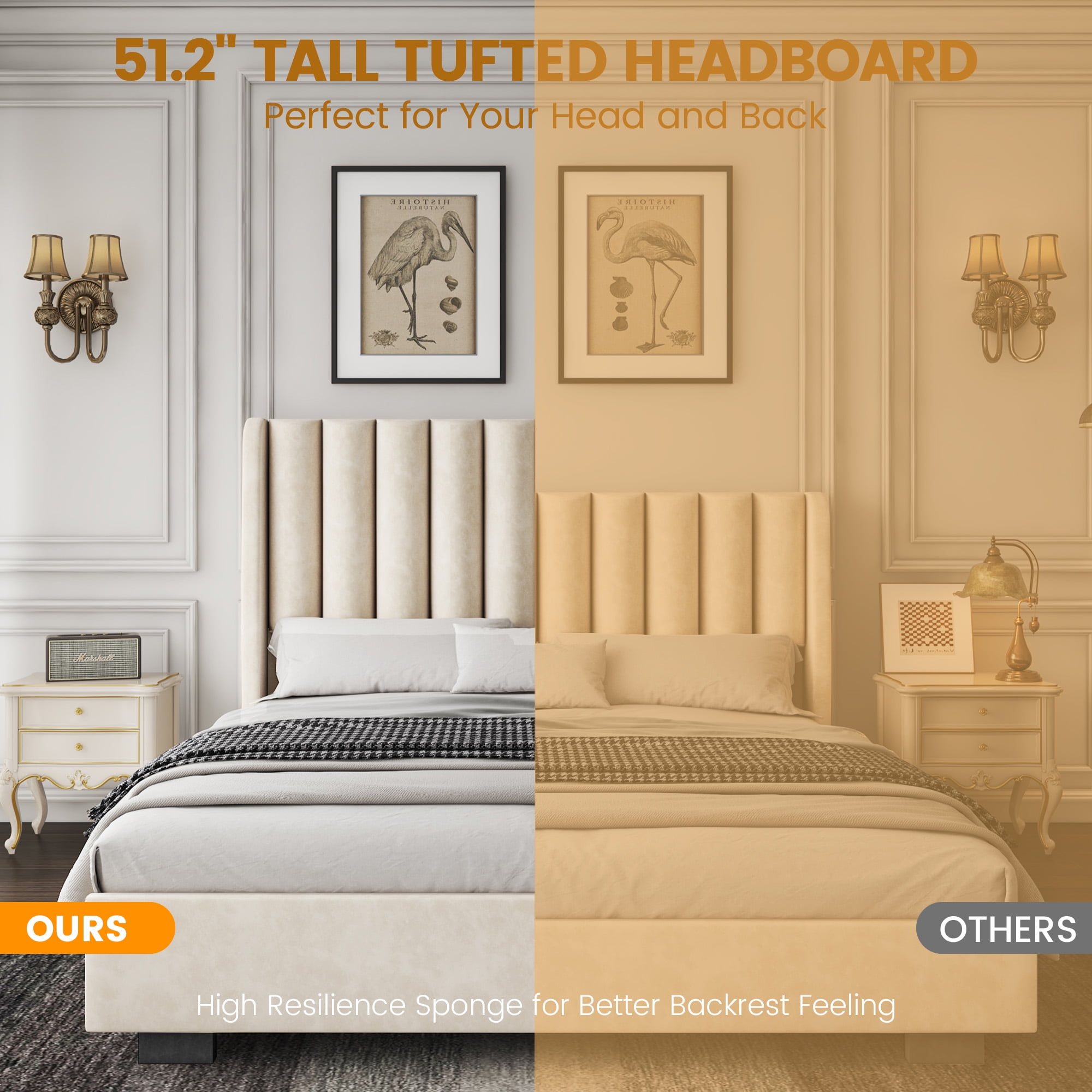 King Size Upholstered Lift Up Storage Bed Frame with 51" Tall Velvet Headboard, Wingback Platform Bed, Hydraulic Storage Base, No Box Spring Required, Noise-Free Double Low Profile Bed (King, Beige)