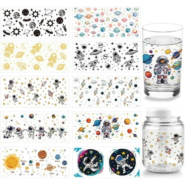 10 Sheets Space Theme UV DTF Cup Wrap for 16OZ Glass Planet Astronaut Galaxy Star Rub on Decals Cartoon PVC Transfer Stickers for DIY Cups Bottles Container Wood funiture Gift for Son
