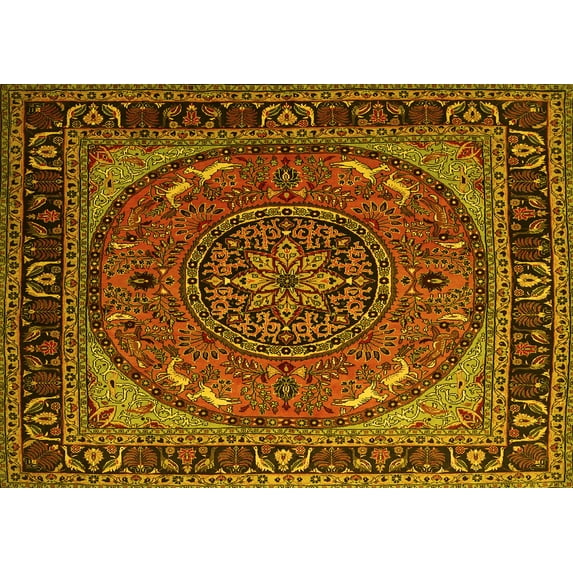 Ahgly Company Machine Washable Indoor Rectangle Medallion Yellow Traditional Area Rugs, 7' x 9'
