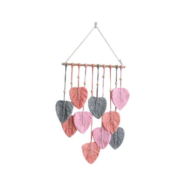 Tapiz de macramé para colgar en la pared, tejido bohemio, con borlas de hojas para habitación de bebé. Rosa