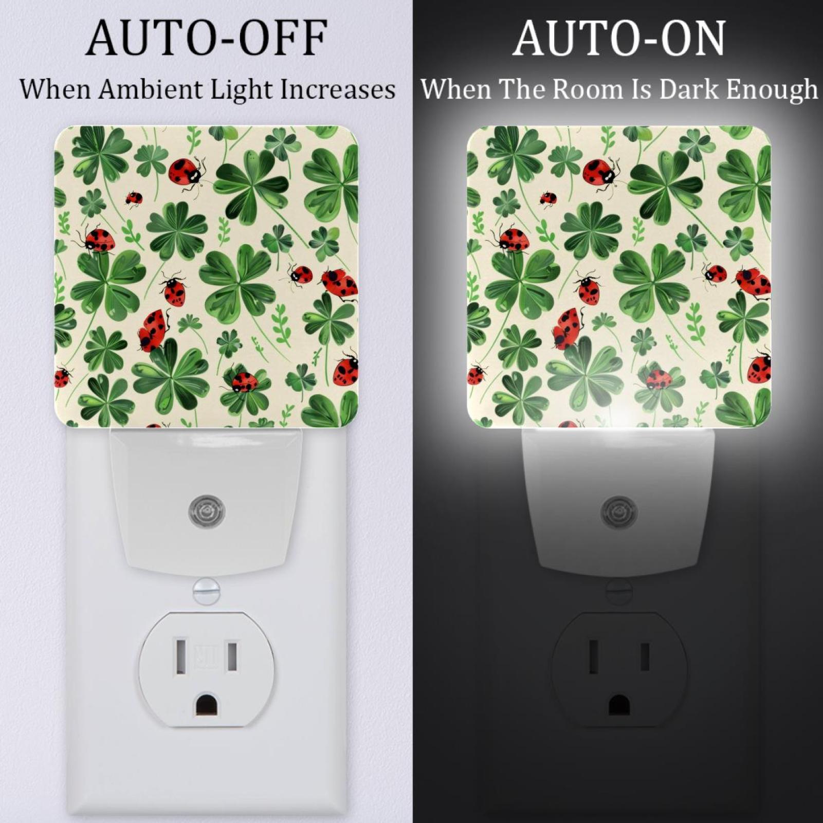 PhooArto Clover Leaves Ladybug Pattern Plug in LED Night Light Auto Sensor Dusk to Dawn Decorative Night for Bedroom, Bathroom, Kitchen, Hallway, Stairs, Baby's Room, Energy Saving
