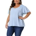 thumbnail image 4 of Agnes Orinda Women's Plus Size Casual Tops Ruffle Sleeve Smocked Shoulder V Neck Summer Chiffon Blouse 2X Blue, 4 of 5