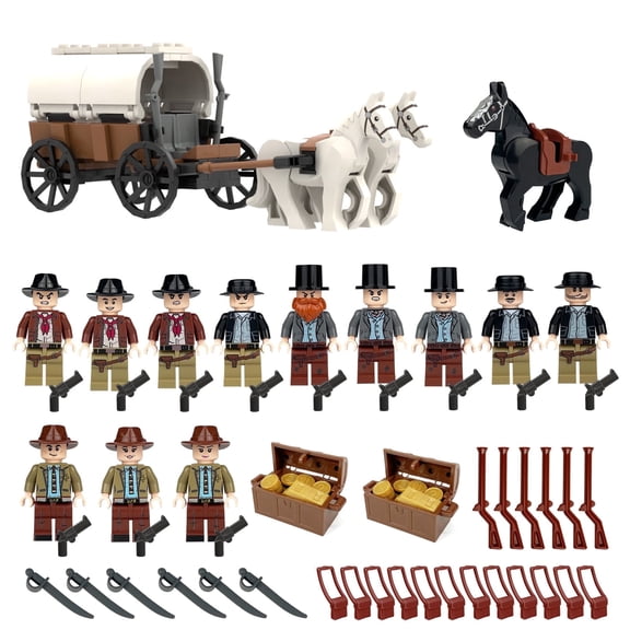 Western Cowboy Building Block Set, 12 Cow Boy Figures & Gun Accessories, Dark Wild West Horse, White Carriage with Golden Bars & Coins, Gold Robbery
