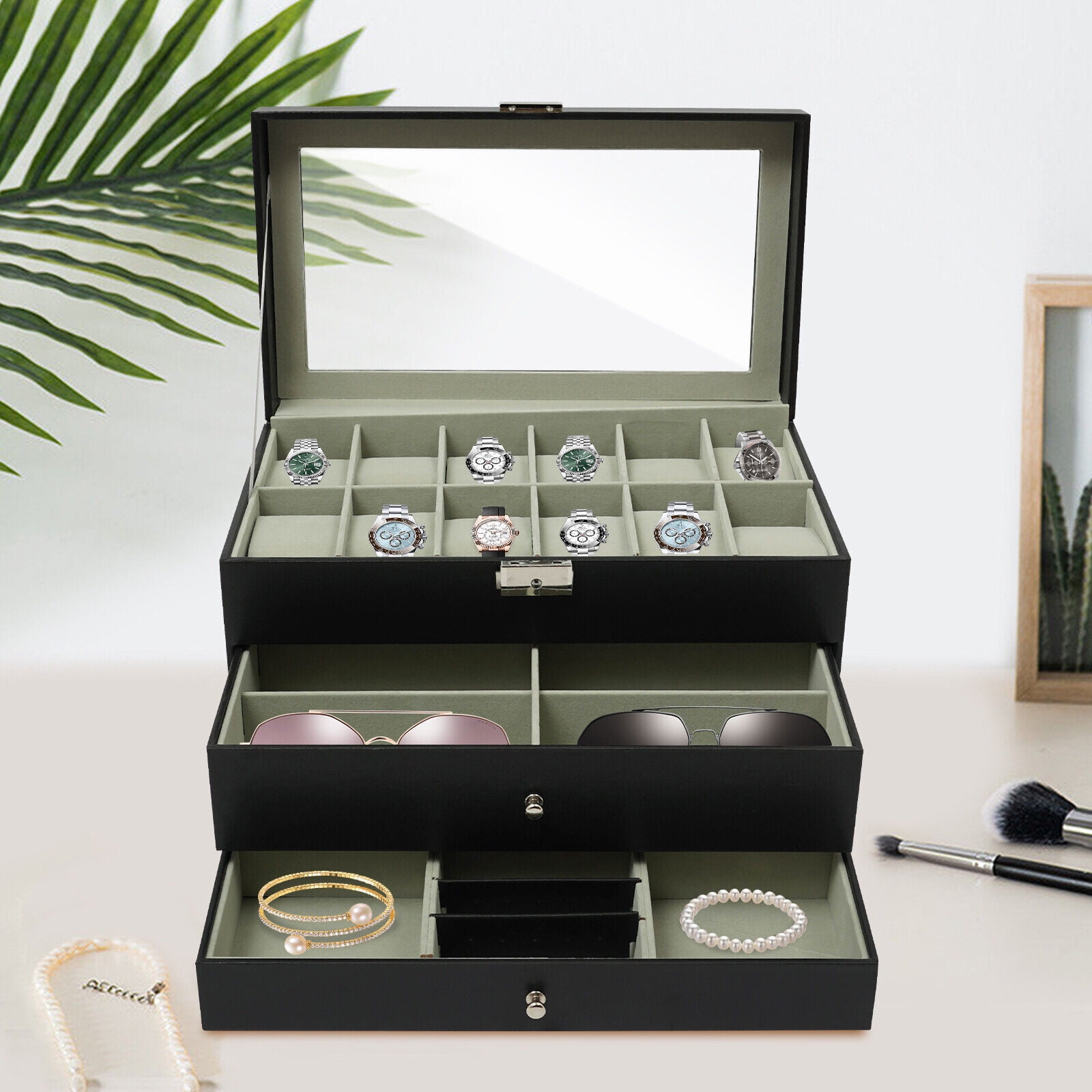 3-Tier Jewelry Organizer Box - Premium Density Board Watch & Jewelry Storage Case with Adjustable Compartments for Rings, Necklaces, Earrings - Stylish Display & Travel-Friendly Design