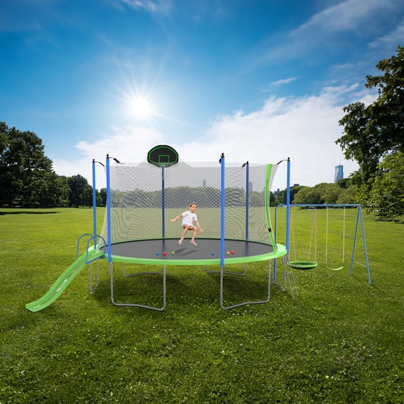 ARCTICSCORPION Trampoline with Slide Swings and Basketball Hoop, Green, 254.00" x 144.00" x 121.20"