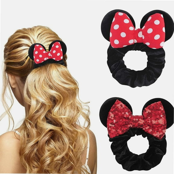 2 Pack Mouse Ears Scrunchies, TEKI Sequin Hair Band Velvet Hair Bows Hair Tie Ponytail Holder Hair Accessories for Women Girls (Big White Spot Red)