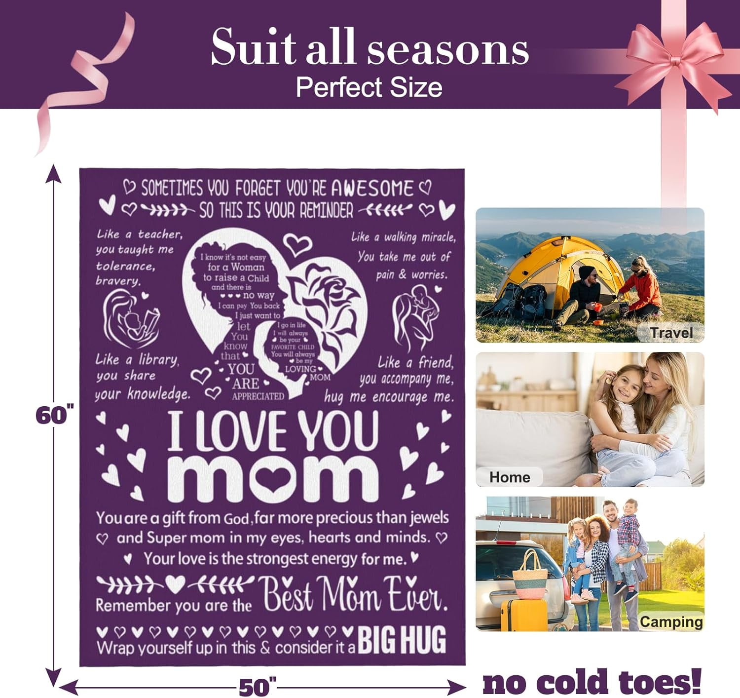 I Love You Mom Blanket for Mom, Valentines Gifts for Mom from Daughter Son, Birthday Gifts for Women Who Has Everything, Blanket Gift for Her, I Love You Mom Throw Blanket
