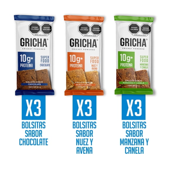 Gricha 9 MixPack Galletas Sabores Manzana, Nuez y Chocolate, Con Proteina Y Cereales Integrales