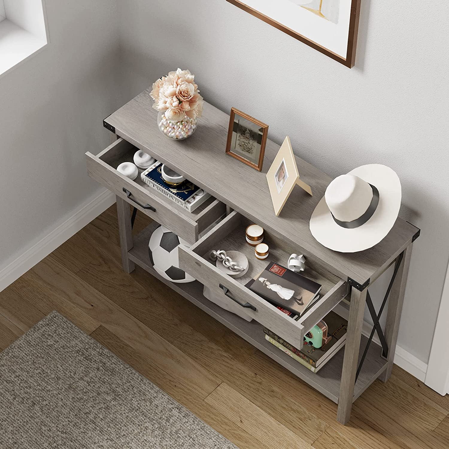 2 Tier Wooden Console Table with Storage Drawers,  Console Table for Entryway, Living Room, Hallway