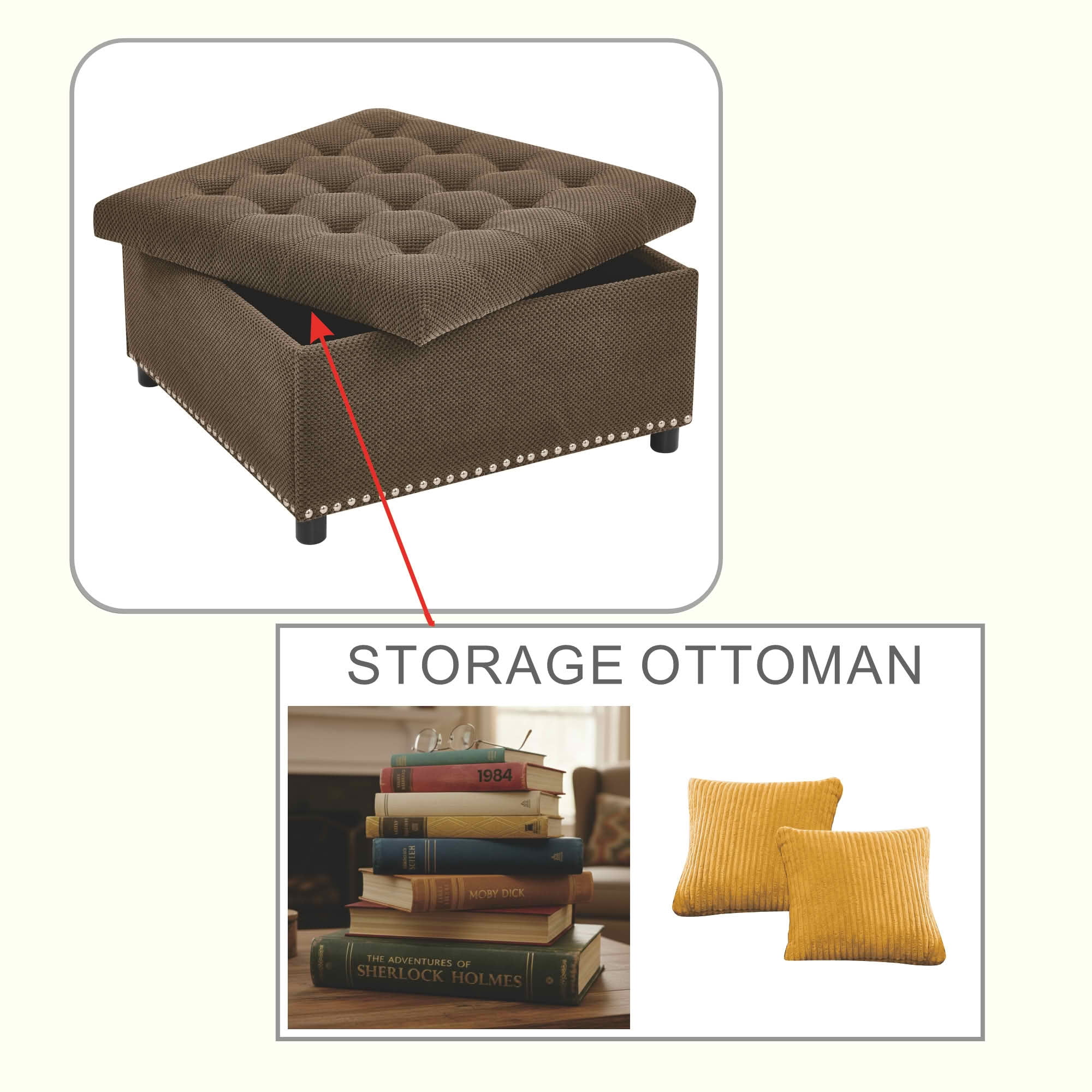MAYEERTY 30 In Storage Ottoman, Tufted Footstool, Nailhead Trim, Square Ottoman, Coffee