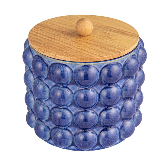 Creative Co-Op Stoneware Canister with Raised Dots and Wood Lid and Reactive Glaze, Navy Color and Natural