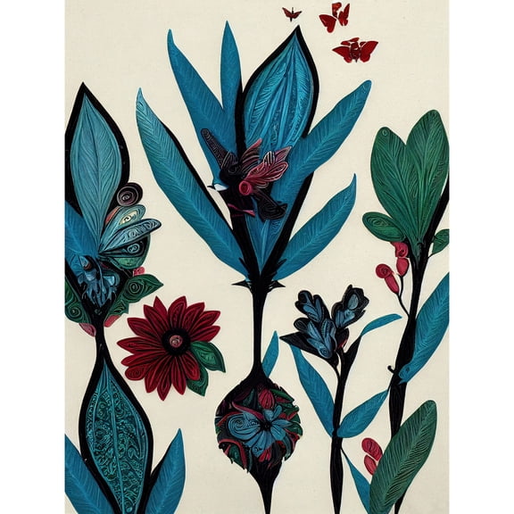 Abstract Paper Quilling Floral Blooms Flowers Butterflies Blue Burgundy Green Cream Unframed Wall Art Print Poster Home Decor Premium