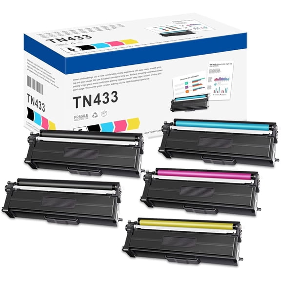 TN433 High-Yield Toner Cartridge Set (5-Pack, 2BK/C/M/Y) - Compatible TN-433 Toner Cartridges Compatible for Brother HL-L8260CDW, HL-L8360CDW, HL-L8360CDWT, MFC-L8610CDW MFC-L8900CDW Printer