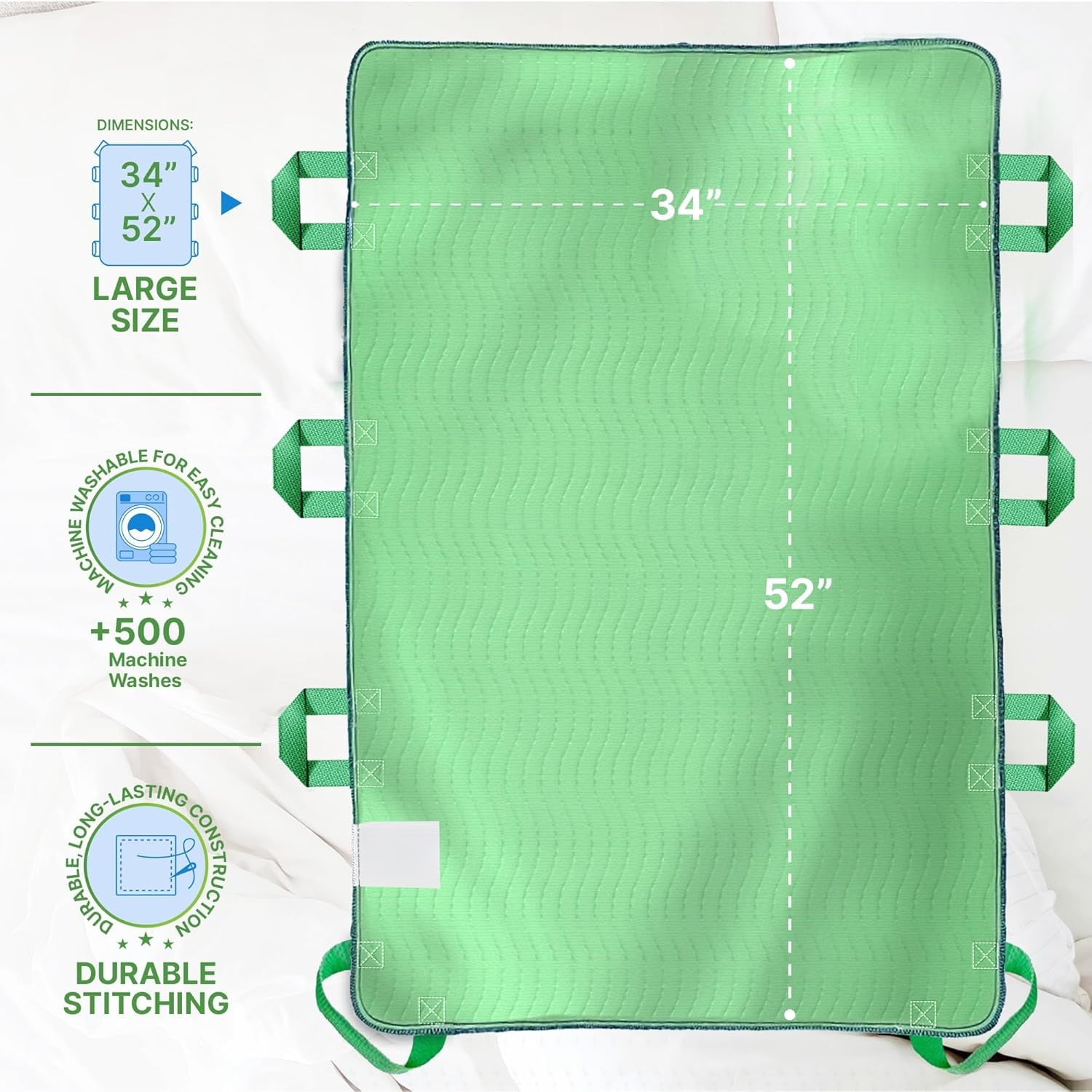 Absorbent Positioning Bed Pad with Handles 34" X 52"- Washable, Waterproof Incontinence Bed Pads - Reusable Bed Mobility Under Pads to Aid Seniors, Disabled & Bedridden Patients - Fast-Drying