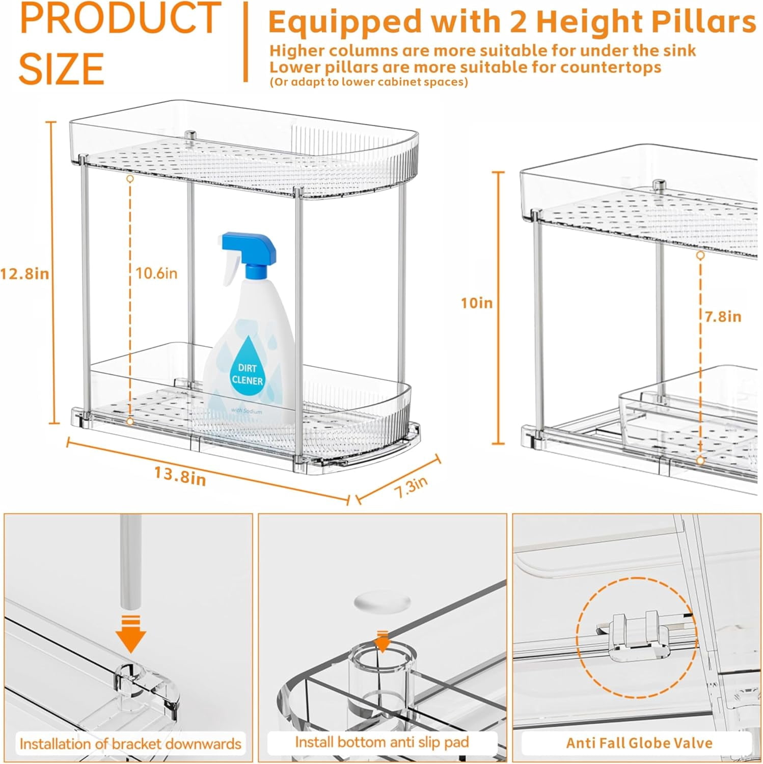 2 Pack Large Pull Out Bathroom Organizers and Storage,2 Tier 12.8″ Tall Sliding Kitchen Under Sink Organizer for Cleaning Products Storage,Acrylic Clear inder Organizer,Undersink Storage