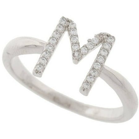 - 18kt White Gold-Plated Sterling Silver M Initial Stackable Ring with Crystal Swarovski