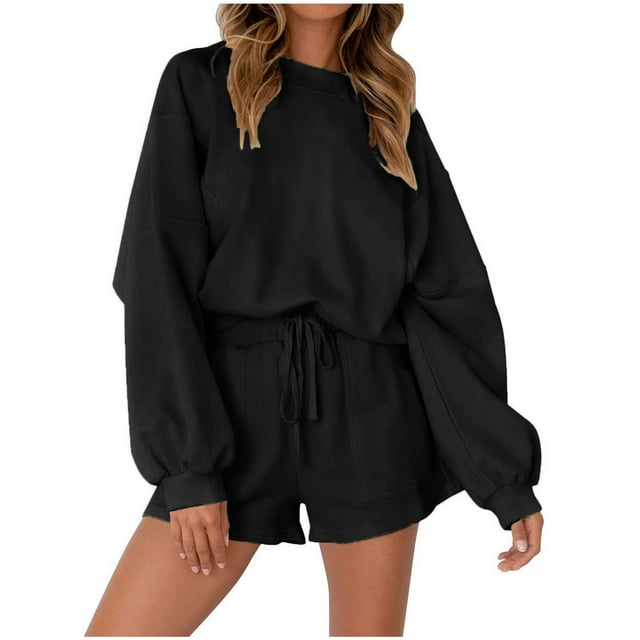 Yuyuzo Ensemble de Survêtement Décontracté pour Femmes à Manches Longues et Col Rond, 2 Pcs, Shorts