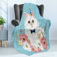 thumbnail image 4 of Cat Soft Flannel Fleece Throw Blanket, Graphical Watercolor Style Fluffy Kitten with Flowers and a Party Hat, Cozy Plush for Indoor and Outdoor Use, 70" x 90", Pale Blue and Multicolor, by Ambesonne, 4 of 5