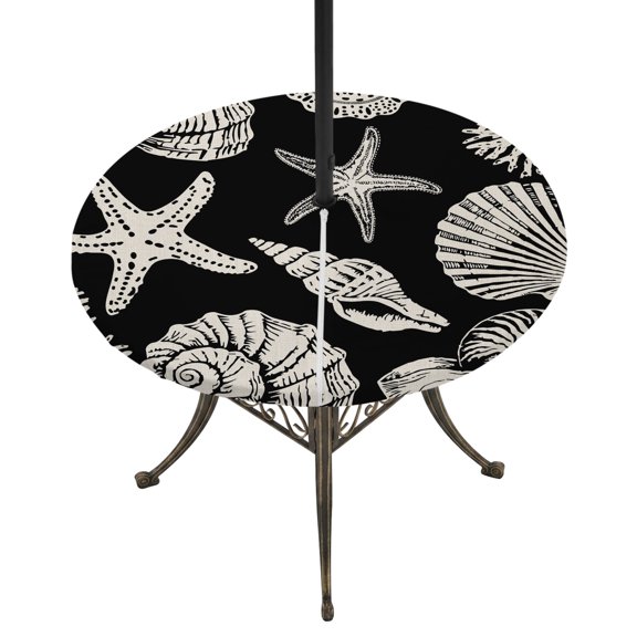 Round Outdoor Tablecloth with Umbrella Hole and Zipper, Black Starfish Coastal Tablecloth with Elastic Waterproof, Shell Coral Summer Beach Nautical Ocean Patio Table Covers for 55" - 60" Tables