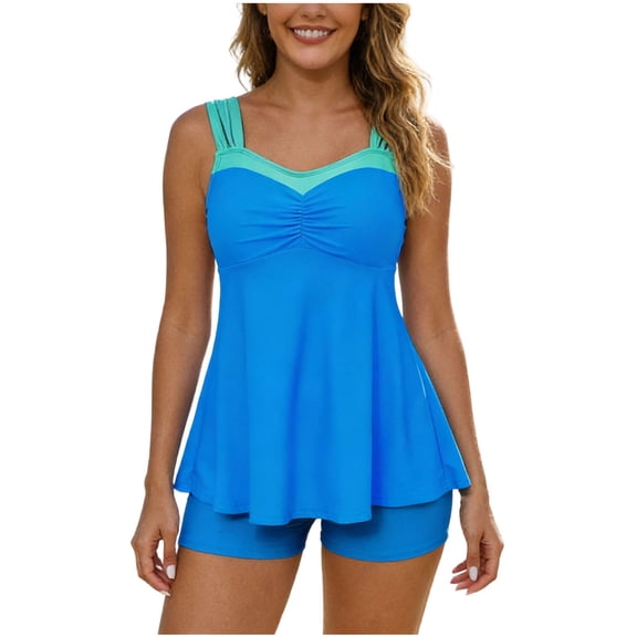 Womens Two Piece Tankini Swimsuit Flared Hem Slimming Ruched Wide Straps Bathing Suit with Shorts for Vacation (XL, Blue)