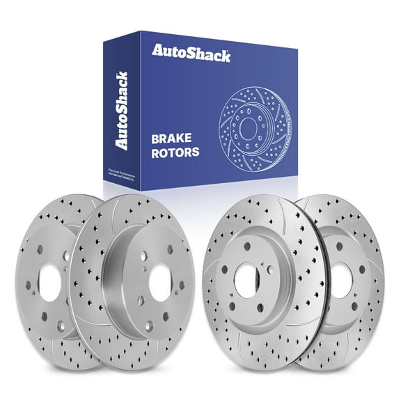 AutoShack Front & Rear Brake Rotors for Toyota & Lexus, RAV4 2006-2018 HS250h 2010-2012, FWD AWD 4WD L4 2.4L 2.5L - Coated Drilled & Slotted - Silver Matte Finish - TurboGuard