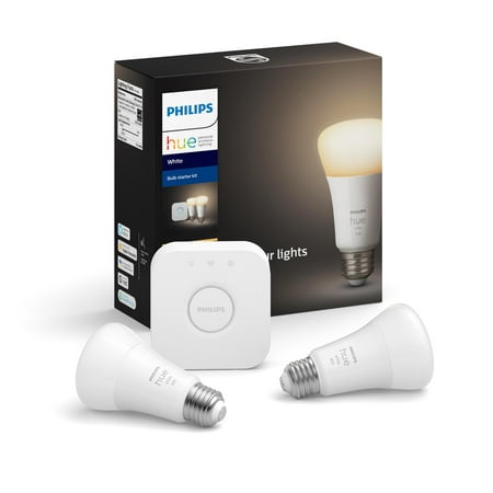 Philips Hue LED 60-Watt White A19 Dimmable Wi-Fi Connected Smart Bulb 2 Pack Starter Kit With Hub, E26 Medium Base