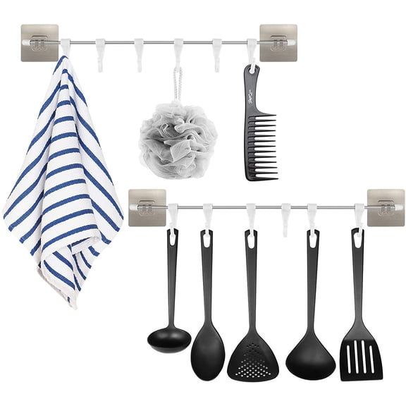 Self-Adhesive Towel Rack Holder, Kitchen Sliding Hooks, Nail-Free and Traceless Row Hooks, Spatula Spoon Wall Hanging Rod Hook (2 Pcs)