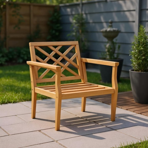 Topcobe Teak Wood Slatted Patio Chair Armchair with Cozy Backrest and Armrests, Outdoor Patio Furniture for Porch Balcony Garden Backyard
