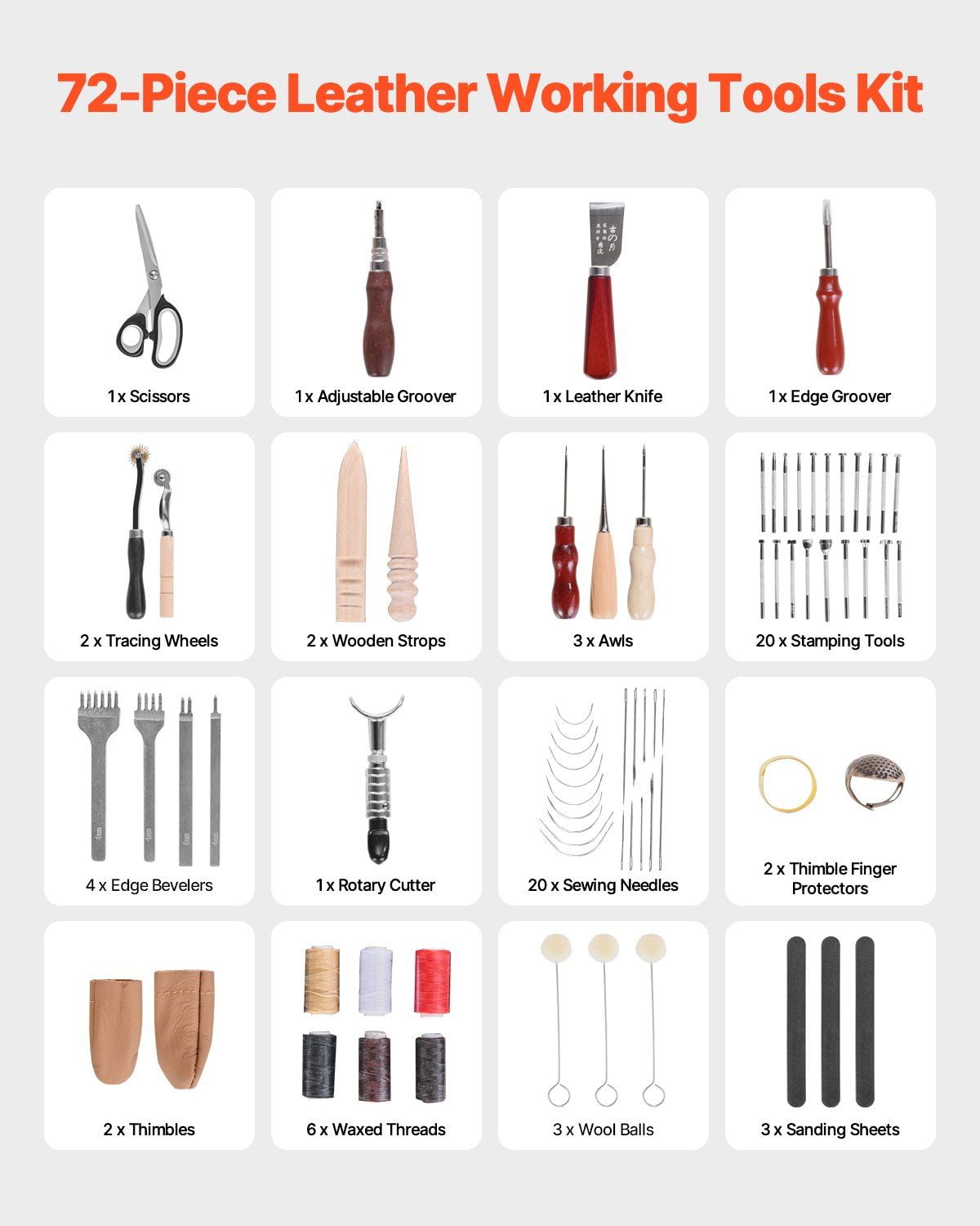 72-Piece Leather Working Set - Essential Stamping, Punching, Engraving & Sewing Tools for Beginners & Pros