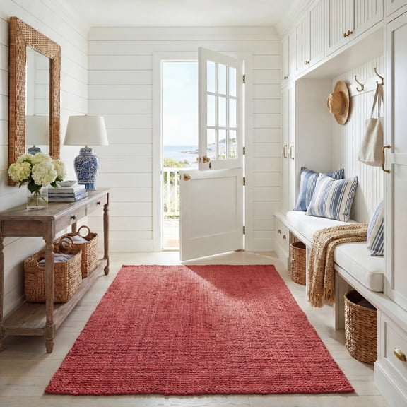 SAFAVIEH Natural Fiber Milica Solid Area Rug, Red, 5' x 8' - Scandinavian Design, Red, Jute, Hand Woven Pattern, Ideal for Entryway, Kitchen, Living Room, Office