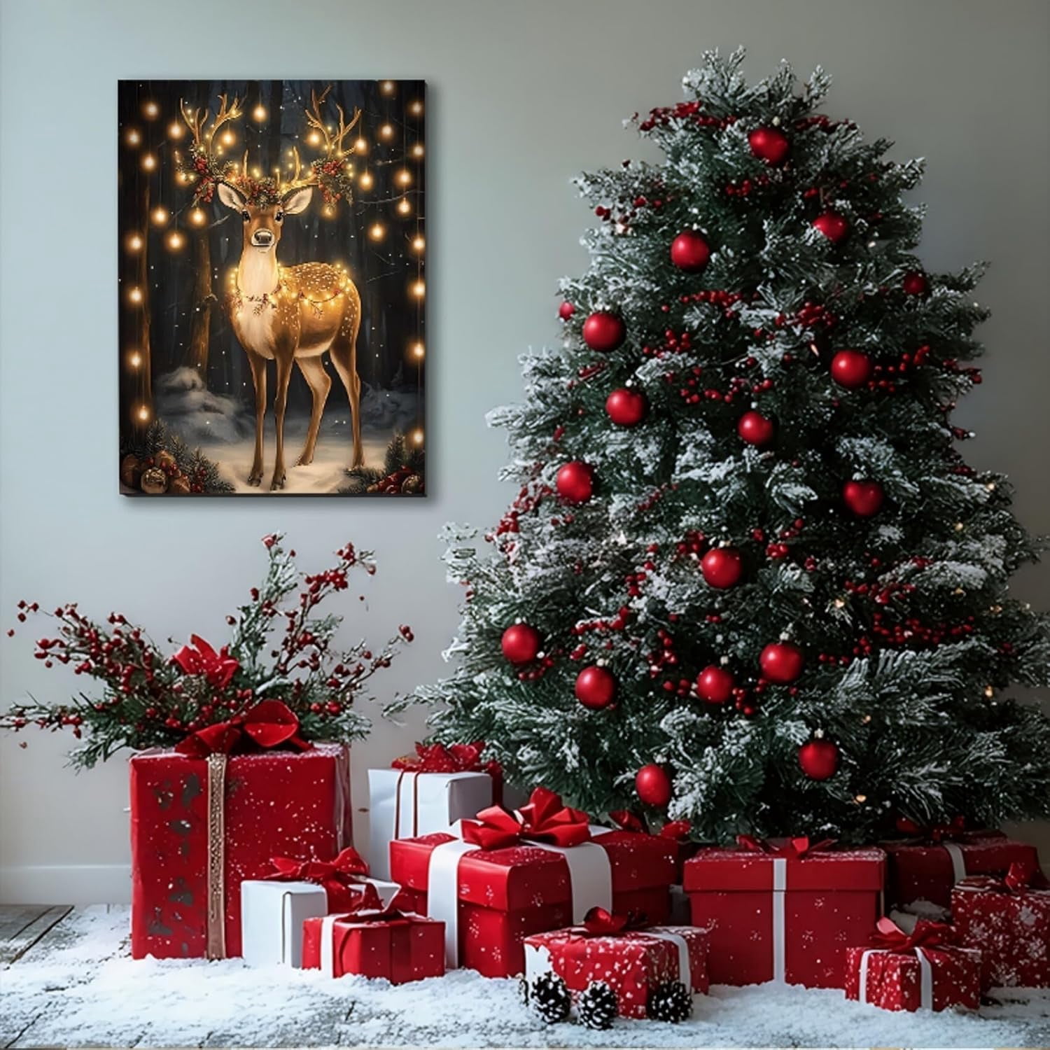 Christmas Reindeer Wall Art Framed, Cottage Winter Forest Wildlife Deer Picture Wall Decor, Rustic Xmas Cozy Winter Hanging Canvas Prints for Home Bedroom Living Room Decoration