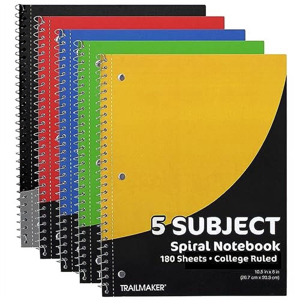 20 Pack of Bulk Wholesale 5-Subject 180 Sheet White Lined Paper Spiral Notebooks in Assorted Colors - 20 Count 5-Subject 180 Sheet Lined Paper Spiral Notebooks in Black, Red, Yellow, Green, Blue