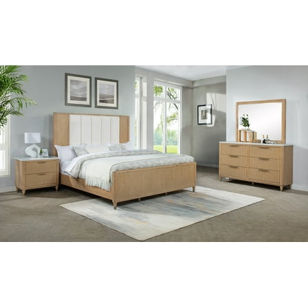 Paneled Textured Headboard Brown Natural Finish Furniture 5pc King Bed Set