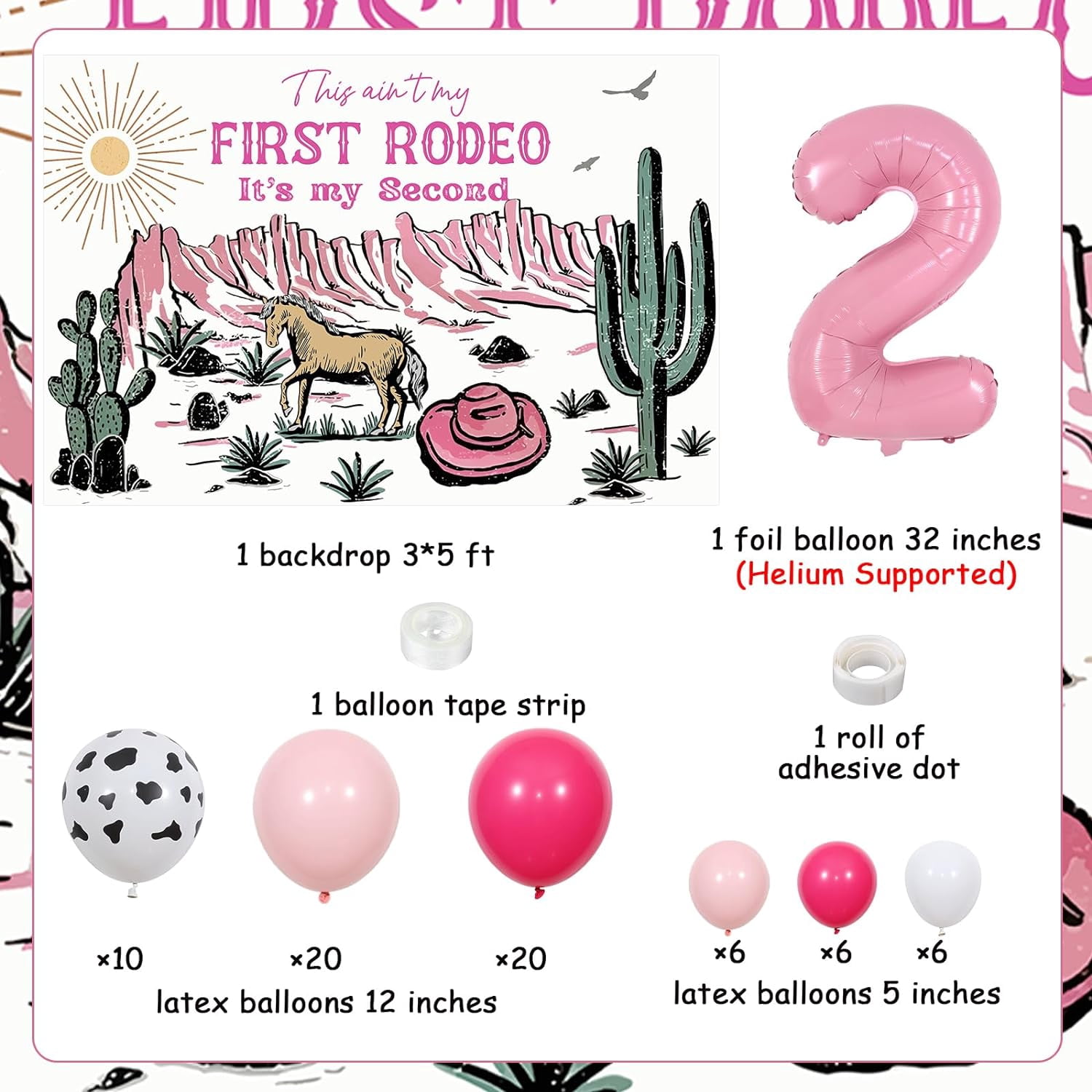 Cowgirl 2nd Birthday Decorations This ain't My First Rodeo Its My Second Backdrop Banner Pink Cow Balloon Arch Kit Number 2 Foil Balloon for Western Cowgirl 2nd Wild West Second Birthday