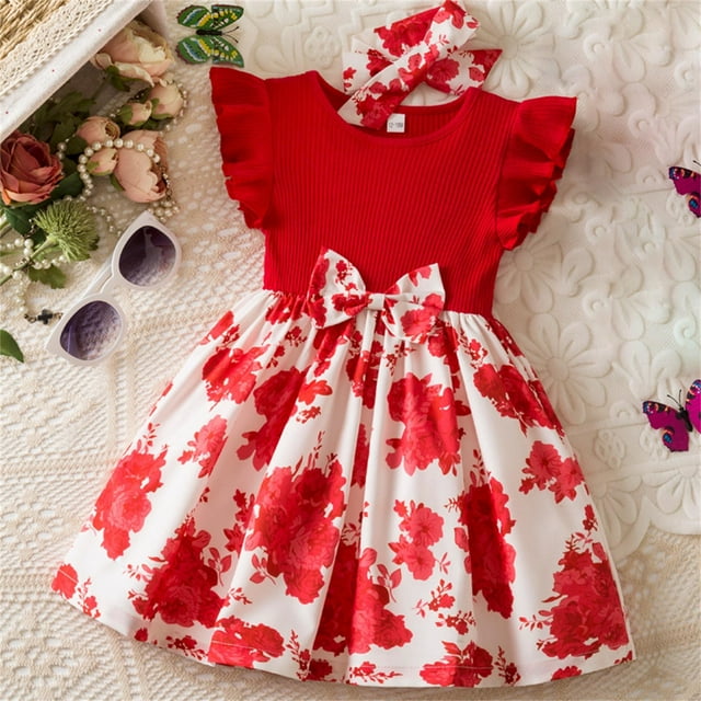 Zpanxa Robes pour Petites Filles Manches Courtes Taille à Volants Manches Volantées Robe Princesse à Imprimé Floral avec Bandeau Polyester Spandex Rouge 9 Mois