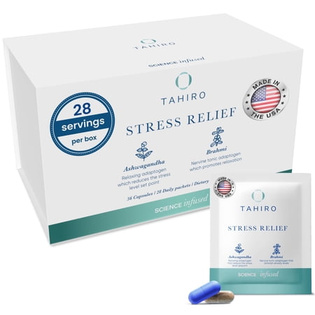 Tahiro Stress-Relief Supplement – Natural Brain Support Supplement with Magnesium, Vitamin B, Ashwagandha, Brahmi – Non-GMO Vegan Brain Booster Supplement for Focus and Energy – 28-Packets, 56 Total