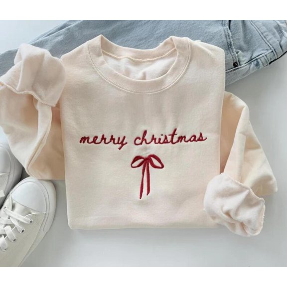 Embroidered Christmas Sweatshirt Merry Christmas Bow, Sweatshirt