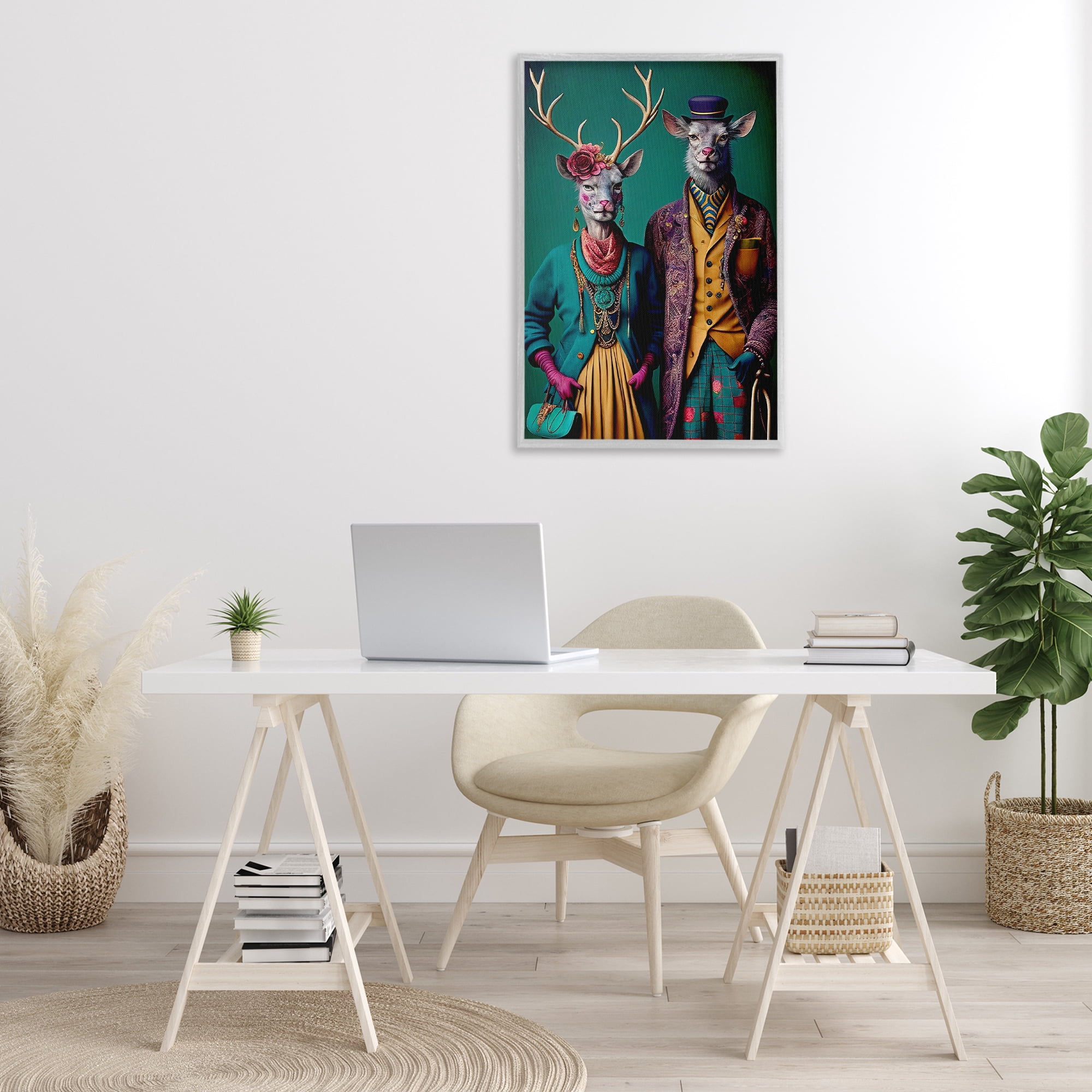 Stupell Industries Deer in Historic Clothes Novelty Painting Gray Framed Art Print Wall Art, 20 x 30
