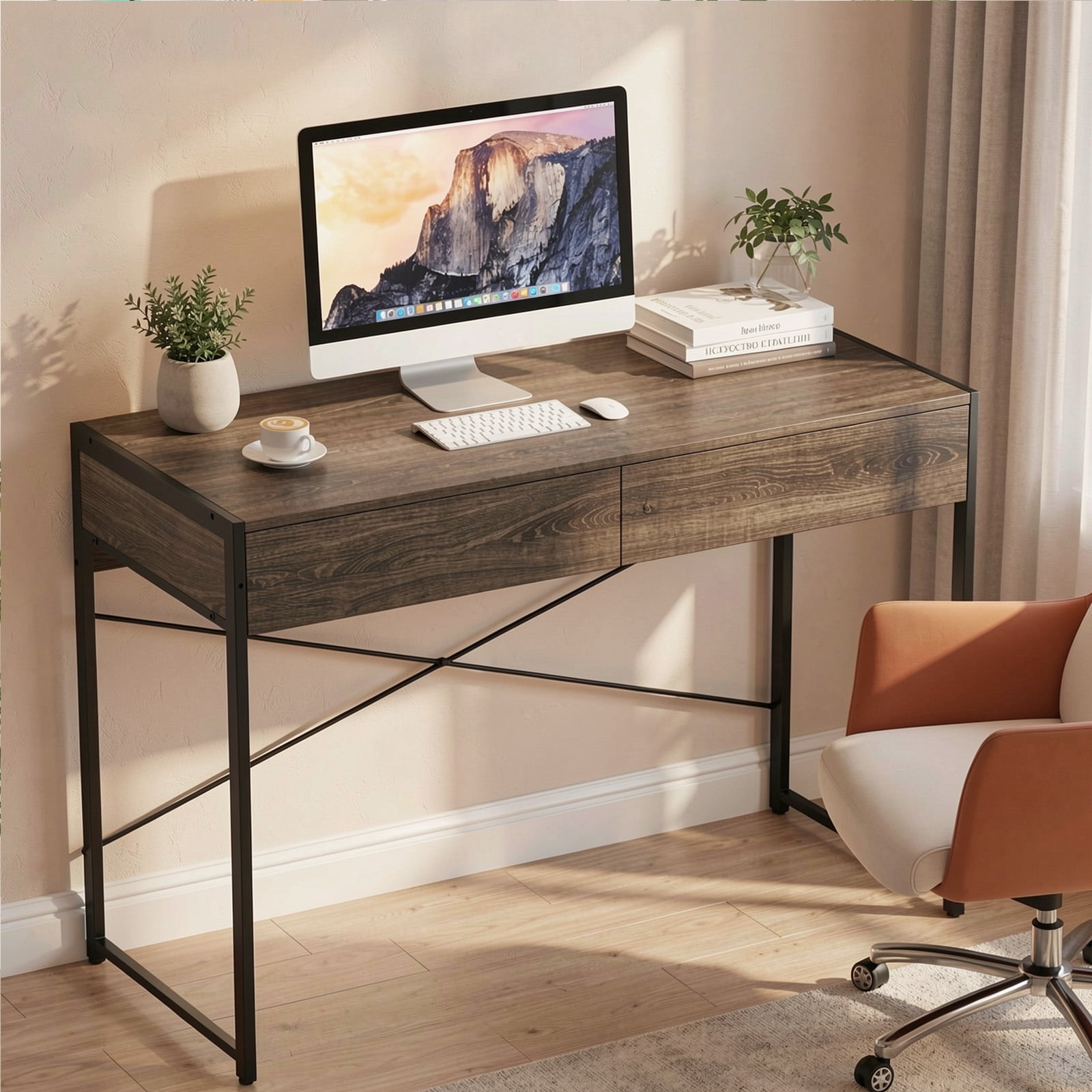 Furnibear 44 Inch Computer Desk with 2 Drawers Home Office Writing Desk Metal Frame X Bracket Engineered Wood Top 200 lbs Capacity Oak
