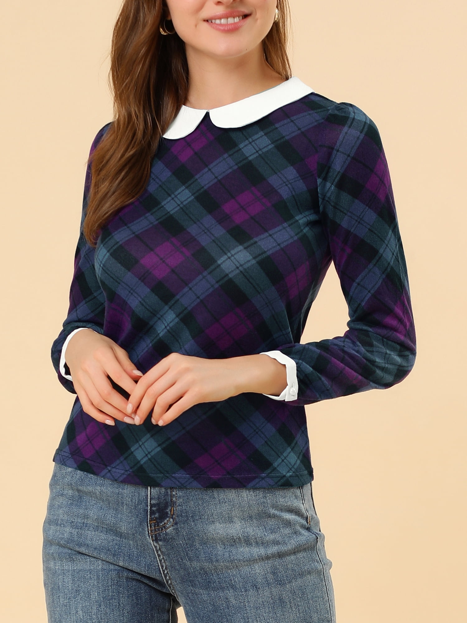 Unique Bargains Women's Peter Pan Collar Puff Sleeve Contrast Plaid Shirt Blouse