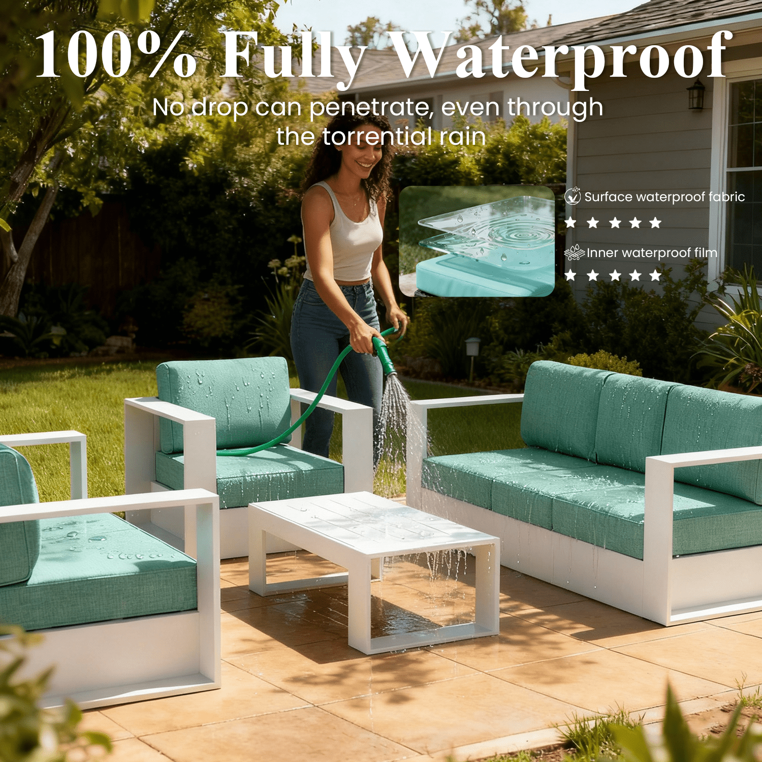 LayinSun Oversized Aluminum Outdoor Furniture Set, 4 Piece Patio Sofa Sets with Fire Pit Table, Deep Seating and Upgraded 6-inch Cushions for Porch, Balcony, Deck