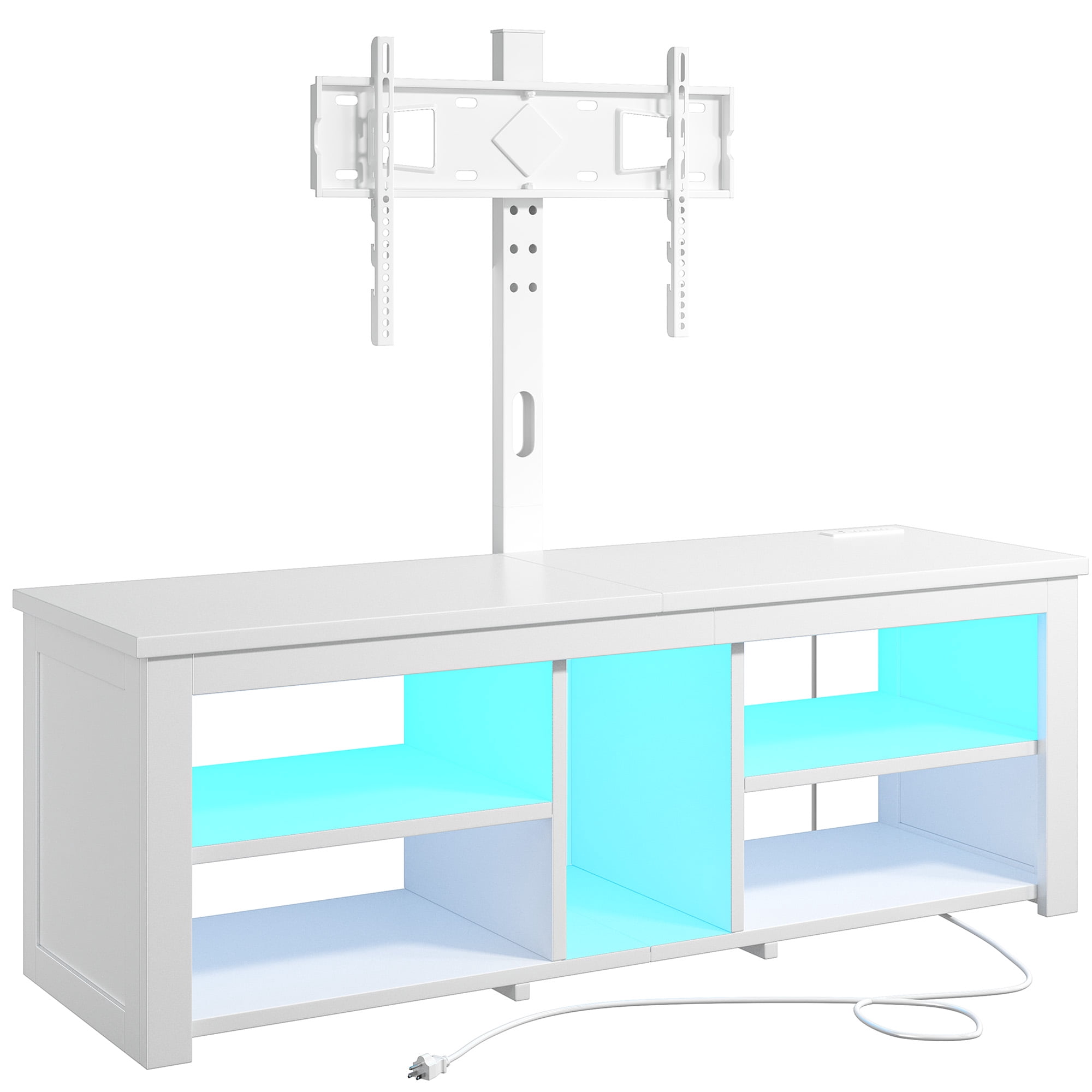 TV Stand with Mount & LED Lights for 70 inch TVs, Swivel Entertainment Center with Power Outlet, White