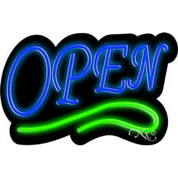 Deco Style Blue Open With Green Line LED Neon Sign 14" Tall x 22" Wide, Black Square Cut Acrylic Backing, with Dimmer - Bright and Premium built indoor LED Neon Sign for storefront.